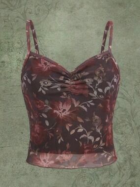 ROMWE Floral Mesh Cropped Tank Top - Burgundy